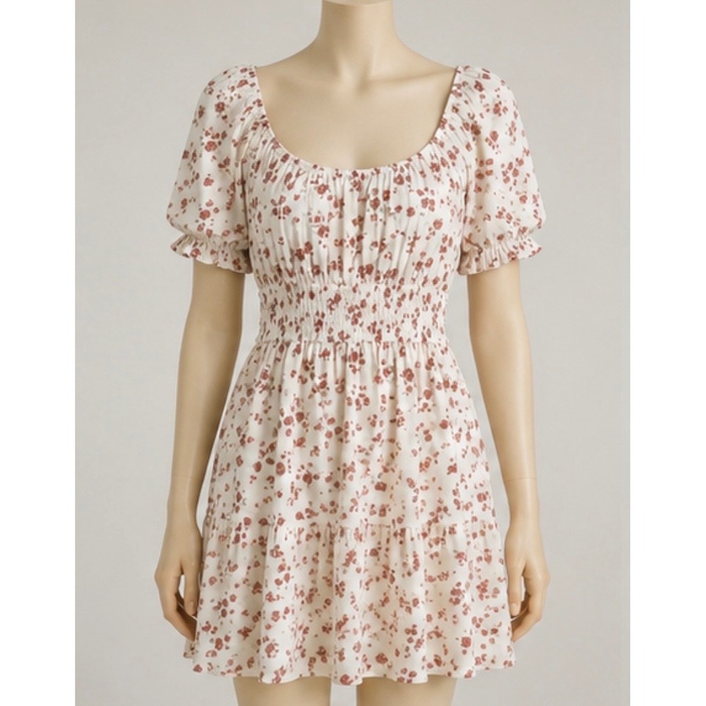 Hollister Floral Smocked Mini Dress Cream Rust Red Puff Sleeve Small NWT
